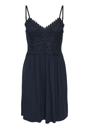 Robe bleu marine sans manches avec bretelles spaghetti, corsage en dentelle florale, bords festonnés et jupe froncée.