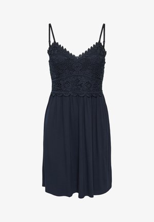 Robe bleu marine sans manches avec bretelles spaghetti, corsage en dentelle florale, bords festonnés et jupe froncée.