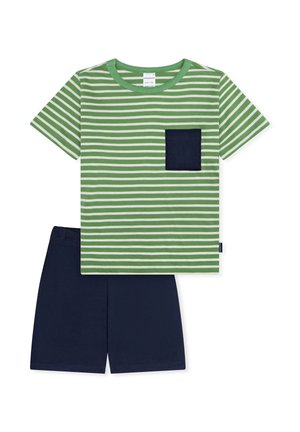 Green and white striped short-sleeve shirt with navy pocket paired with solid navy shorts for children size 3-4 years.