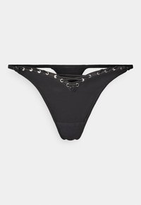 Schwarzer Bikini-Thong mit einer Schnürung vorne, Ösenbeschlägen und minimaler Bedeckung. Hergestellt aus einem glatten, dehnbaren Stoff.
