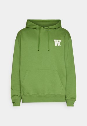 Green hoodie made of soft fabric, featuring a front pouch pocket, adjustable drawstring hood, and a white logo on the left chest.