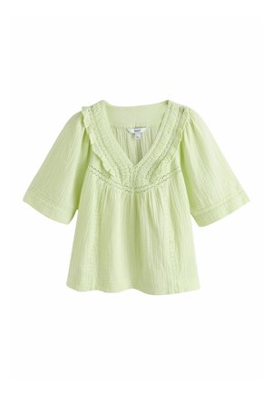 Lysegrøn bluse med tekstur, V-udskæring, flæset blondetrim, albuelange ærmer og løs pasform.