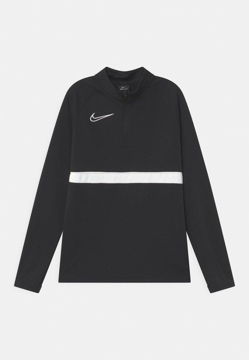 Top a maniche lunghe nero Nike con zip a quarto, striscia bianca sul petto e logo distintivo sul lato sinistro. Realizzato in tessuto traspirante che allontana l'umidità.