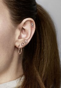 Náušnice zo žltého zlata v tvare kruhu s krúteným dizajnom, doplnené malou kvetinou, lienkou a bodkovanými náušnicami v tvare nekonečna v usporiadaní na seba.