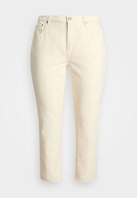 Krémové rovné džínsy vyrobené z měkké bavlněné tkaniny. Obsahují zapínání na zip s knoflíkem a design s pěti kapsami.