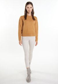 Pulover tricotat de culoare tan, cu tiv cu nervuri, asortat cu pantaloni aderenti de culoare deschisă. Modelul poartă cizme gri până la glezne. Fundalul este alb simplu.