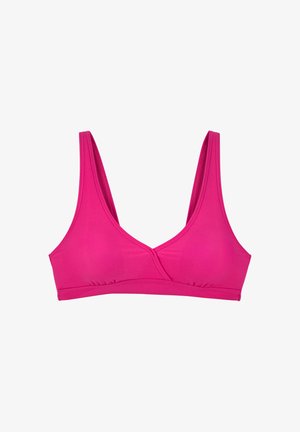 Fuksijas rozā bikini augšdaļa ar platām siksnām, V-veida kakla izgriezumu un savelktām detaļām apakšā. Izgatavota no gludas, elastīgas auduma.