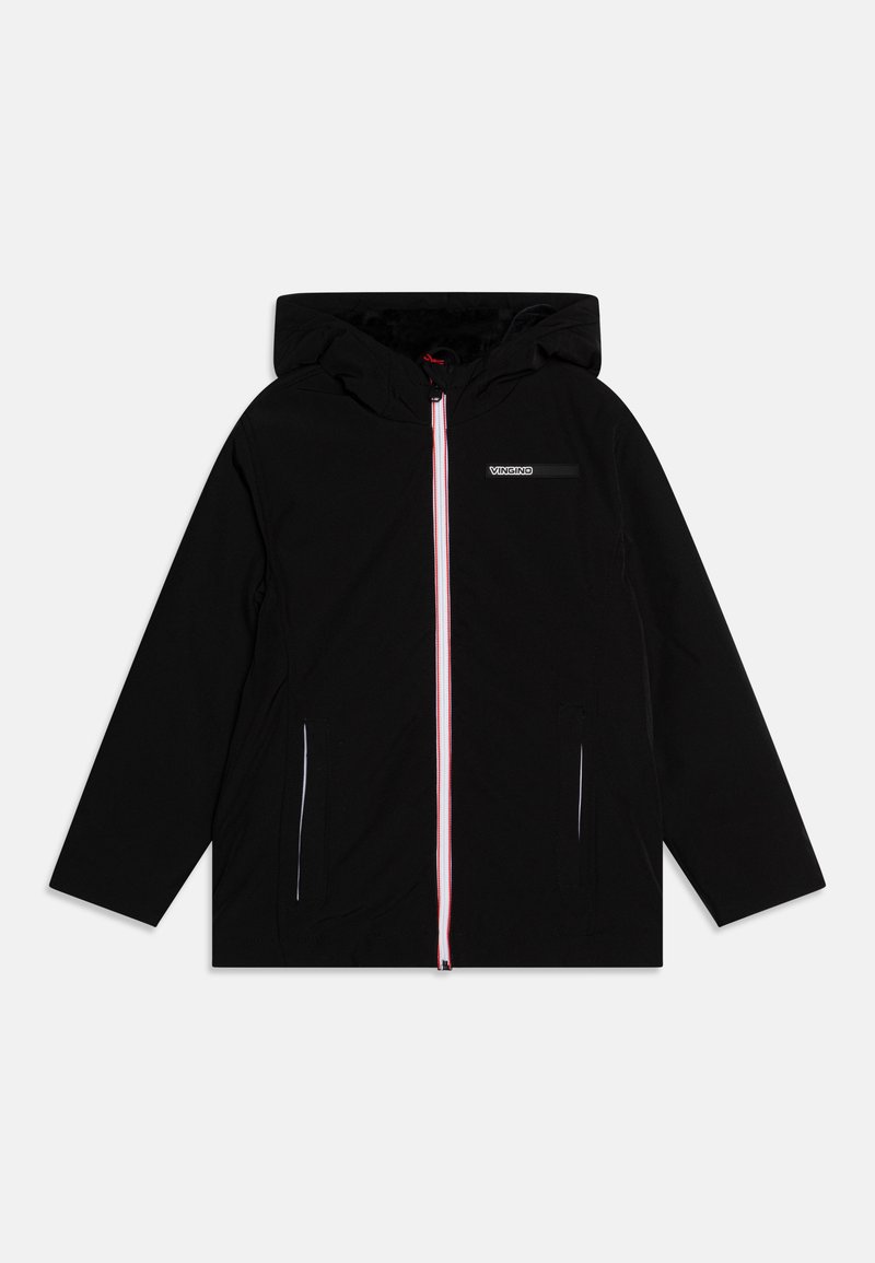 Svart hettegenserjakke med full frontglidelås. Har hvite glidelåsdetaljer og en logo-patch på brystet. Glatt stofftekstur.