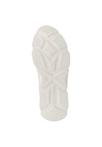 Semelle de chaussure en caoutchouc blanc avec des rainures et motifs texturés, comportant un logo central et une indication de taille, conçue pour l'adhérence et la stabilité.