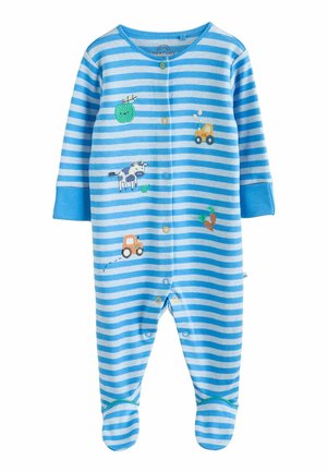 Blau gestreifter Babybody mit gestickten farmbezogenen Motiven, darunter Traktoren, eine Kuh und Gemüse. Druckknopfverschluss an der Vorderseite und an den Füßen.