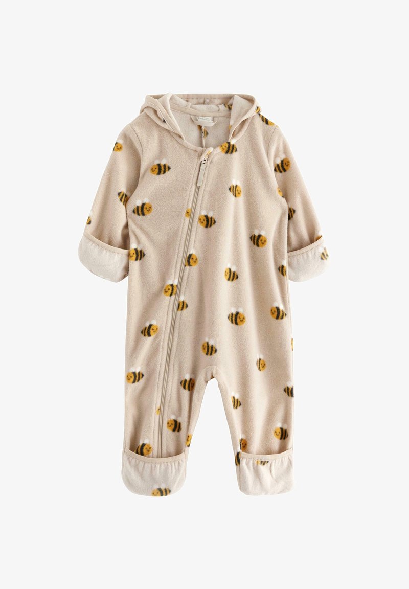 Monopor de bebé de forro polar en color beige con capucha, con un estampado de abejas en amarillo y negro. Incluye una cremallera frontal y puños enrollados.