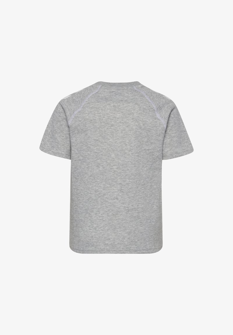 Kurzärmliges graues T-Shirt aus weichem Baumwollmischgewebe mit rundem Ausschnitt und kontrastierenden Nähten an Schultern und Nähten.