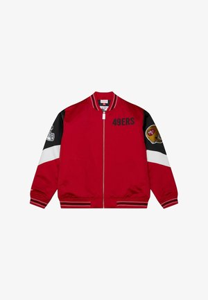 Red bomber jacket featuring embroidered "49ERS" text, black sleeves with white and red accents, and team logo patches on both arms.
