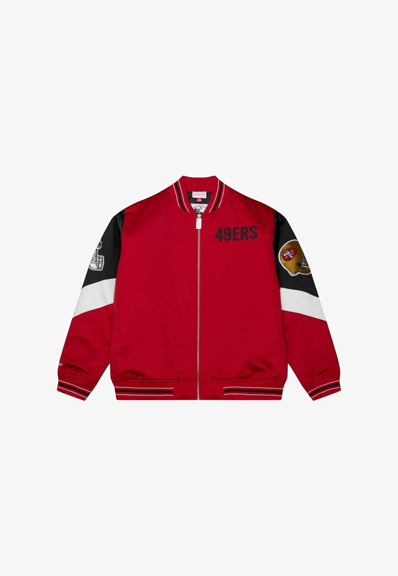 Red bomber jacket featuring embroidered "49ERS" text, black sleeves with white and red accents, and team logo patches on both arms.
