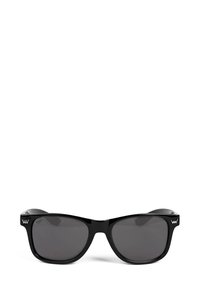 Černé sluneční brýle s lesklým povrchem, obdélníkovým tvarem, tmavými skly a charakteristickými logovými akcenty na stranicích.