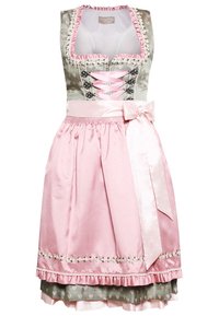 Traditional Bavarian dress in satin fabric, featuring a fitted bodice with green and pink patterns, pink satin skirt, and decorative ruffles.