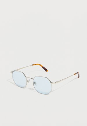 Octagonale zonnebril met zilverkleurig montuur, lichtblauwe glazen en bruine schildpadkleurige pootjes op een witte achtergrond.
