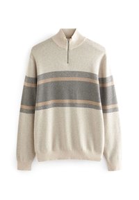 Maglione beige lavorato a maglia con colletto alto e mezza zip. Presenta righe orizzontali in nero e pesco. Tessuto morbido, vestibilità comoda.