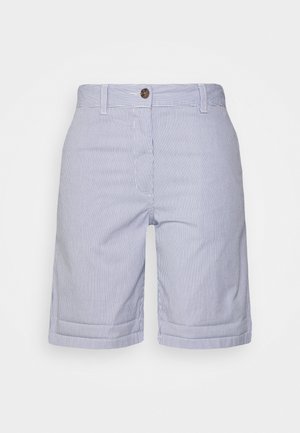 Lyseblå og hvide lodrette smalle stribede shorts til mænd med bæltestropper, knaplukning og opsmøgede kanter.