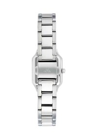 Orologio in acciaio inossidabile argentato con cassa rettangolare, bracciale a maglie e una piccola corona. Finitura liscia e logo inciso sulla chiusura.