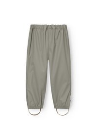 Lichtgrijze waterdichte broek met een elastische tailleband, taps toelopende pijpen en verstelbare banden bij de manchetten. Gladde textuur en minimalistisch ontwerp.