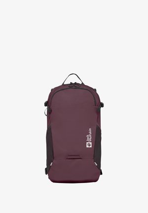 Bordeauxkleurige rugzak met een gladde stofoppervlak, een klein handvat bovenaan, gaas zijvakken en logo-detail aan de voorkant. Compact en gestroomlijnd ontwerp.