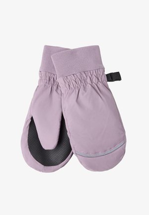 Lila isolerade vantar med elastiska manschetter, texturerat svart grepp på handflatorna och reflekterande detaljer längs kanterna.