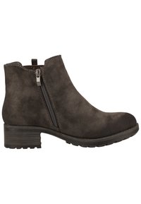 Graue Wildleder-Stiefeletten mit einem seitlichen Reißverschluss, runder Spitze und einer strukturierten Gummisohle. Die gestickten Details rund um den Kragen betonen das Design.