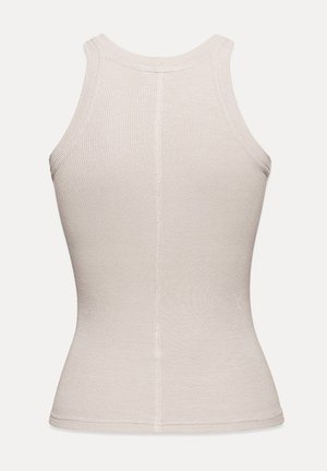 Beżowy top na ramiączkach bez rękawów, z prążkowanego materiału, z centralnym szwem z tyłu i dopasowanym krojem.
