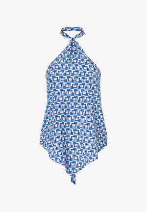 Blauwe haltertop met een geometrisch vierkant patroon in tinten blauw, wit en bruin. Lichtgewicht stof, asymmetrische zoom, vastgeknoopte hals.