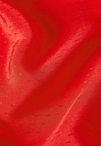 Tessuto rosso con una superficie liscia e lucida e sottili punti in rilievo. Il materiale appare leggero e flessibile, evidenziando un colore vivace.