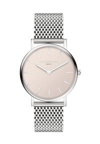 Silbernes Mesh-Armbanduhren mit einem runden, hellrosa Zifferblatt. Verfügt über minimale Stundenmarkierungen und das Logo "LIEBESKIND BERLIN" unterhalb der Mitte.