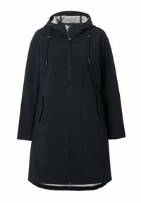 Námořnický modrý kabát s kapucí, se zipem, bočními kapsami a hladkým povrchem. Jednoduchý design s kontrastní podšívkou.