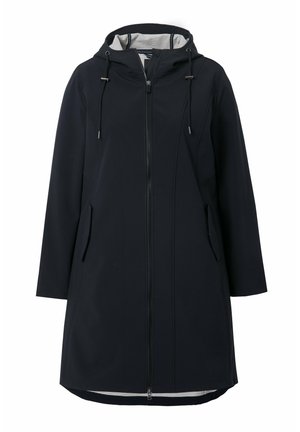 Námořnický modrý kabát s kapucí, se zipem, bočními kapsami a hladkým povrchem. Jednoduchý design s kontrastní podšívkou.