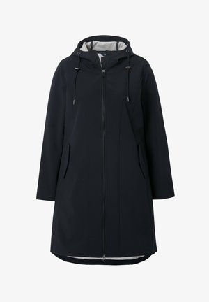 Cappotto blu navy con cappuccio, dotato di chiusura con zip, tasche laterali e una texture liscia. Design semplice con fodera interna a contrasto.