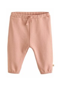 Pantaloni di cotone rosa chiaro con vita elasticizzata, cordoncino regolabile e polsini elasticizzati alla caviglia. Texture liscia.