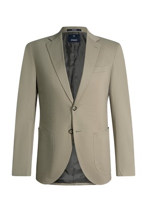 Beige herenblazer met inkeping revers, twee knopen sluiting, twee voorzakken en donkergrijze voering.