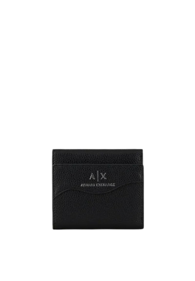Portafoglio in pelle nera con finitura testurizzata, caratterizzato da un design curvo, logo impresso "A|X" e "Armani Exchange" sul fronte.