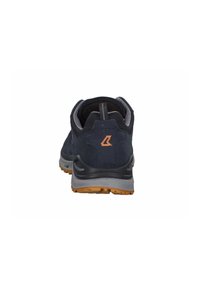 Navy blue running shoes with a suede upper, gray rubber sole, and orange logo at the heel. Features a pull tab and cushioned collar.