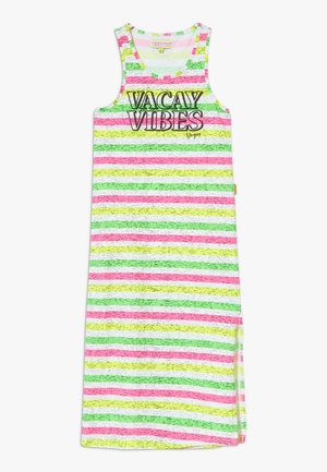 Sukienka na ramiączkach w paski: różowa, zielona i żółta. Na przodzie czarny napis "VACAY VIBES". Wykonana z lekkiego materiału z bocznym rozcięciem.