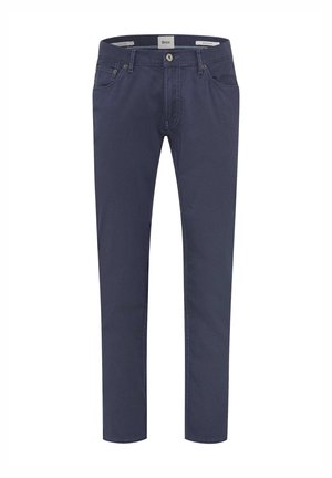 Navy blue trousers made of cotton blend with a slim fit. Features include five pockets, a button closure, and contrasting stitching details.