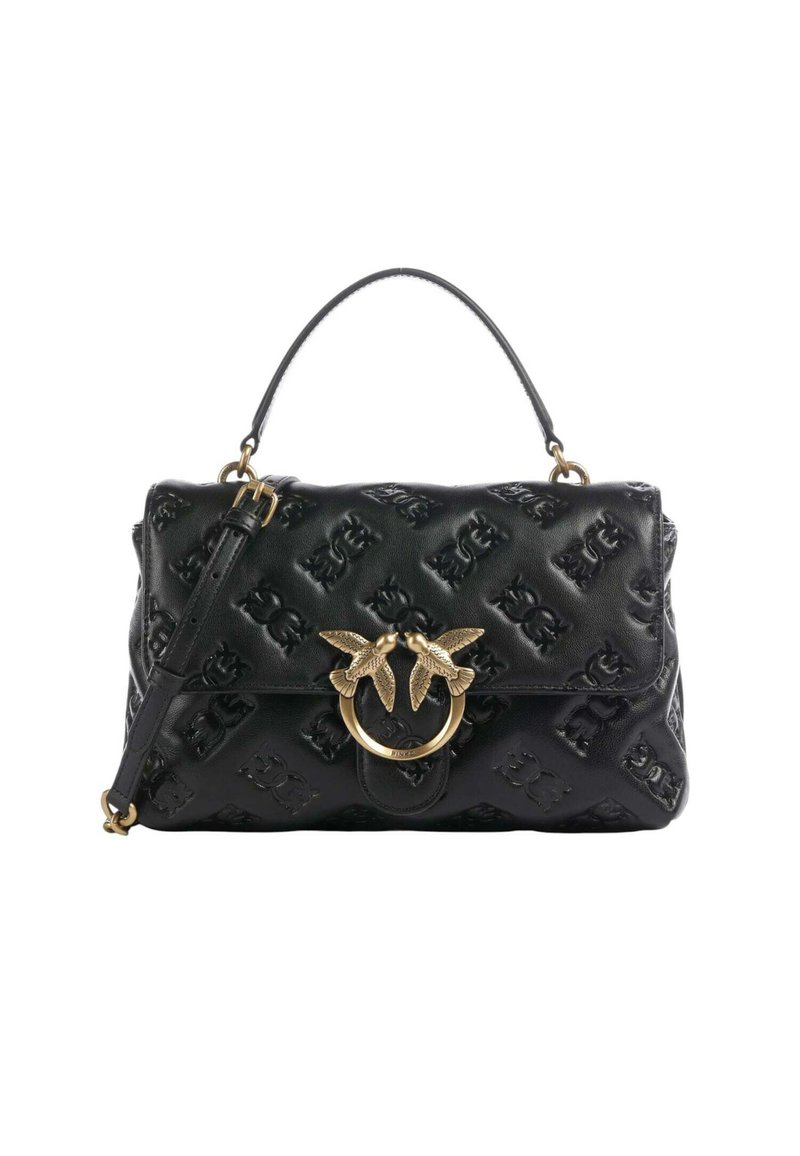 Borsa a mano in pelle nera con motivi in rilievo, forma strutturata, manico superiore e chiusura in metallo dorato con dettagli a forma di rondine.