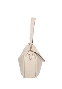 Beige Ledertasche mit abgerundeter Form, flachem Boden, kurzem Griff und goldfarbenen Metallakzenten. Verfügt über einen Reißverschluss und kontrastierende Einfassung.