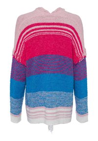 Pull à capuche tricoté avec des rayures roses, fuchsia, bleues et blanches. Caractérisé par des bords à franges et une coupe décontractée. Texture douce et design casual.