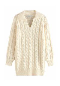 Pull en tricot crème avec un col en V et un col, arborant un motif en torsades, des manches larges et un ourlet côtelé pour un aspect texturé.