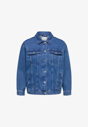 Denimjack in medium blauw met een klassieke kraag, knoopsluiting aan de voorkant, twee borstzakken, zijzakken en een relaxed-fit ontwerp.