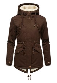 Brown parka jacket with a fleece-lined hood, cinched waist, two front pockets, and adjustable drawstrings; features brown buttons and ribbed cuffs.