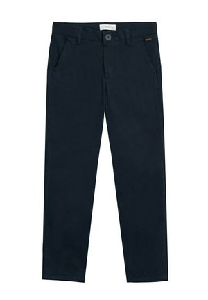 Pantalon bleu marine foncé, coupe droite, avec passants de ceinture, fermeture par bouton et zip devant, et poches latérales.