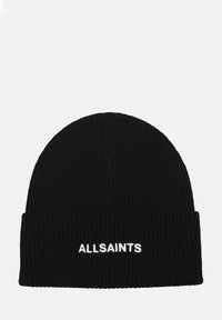 Berretto lavorato a maglia nero con texture a coste e risvolto. Presenta il marchio bianco "ALLSAINTS" sul davanti.