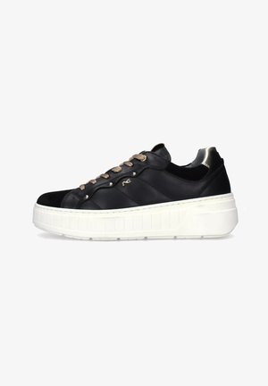 Black leather sneakers with a cushioned white sole, featuring a quilted design, beige laces, and a metallic accent near the heel.